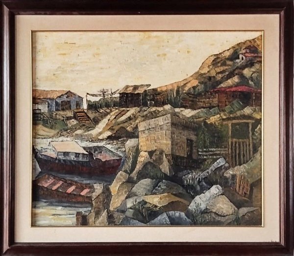 Pintura "Pueblo Costero" Óleo sobre Fibra Anónimo