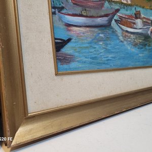 Dos Cuadros al Óleo: Paisaje Boscoso y Puerto con Embarcaciones, Firmados y Enmarcados - imagen 4