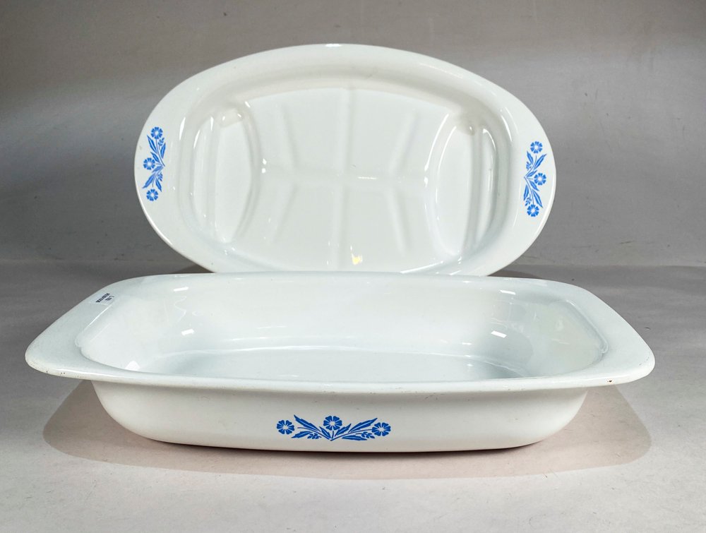 Dos Fuentes Corning Ware Oval y Rectangular con Decorado Floral Azul