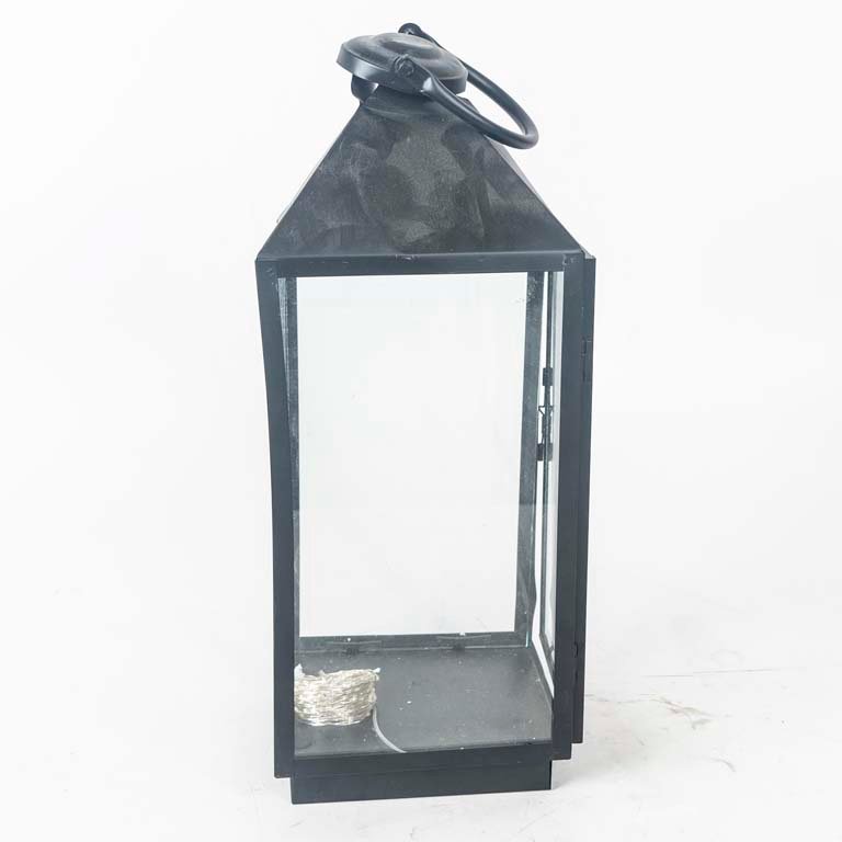 Farol de Metal y Vidrio Negro con Detalles de Cableado