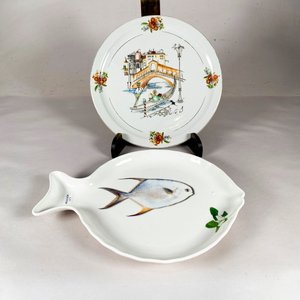 Fuente Decorativa Forma de Pez y Plato con Escena Veneciana - imagen 1