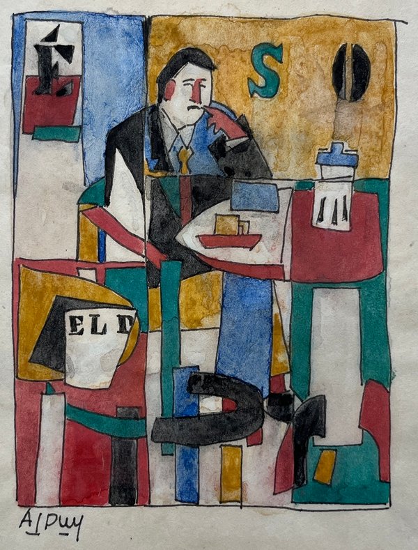 Acuarela "Personaje en el Café" de Julio Uruguay Alpuy - Firmada