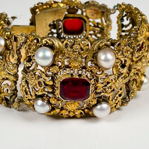 Brazalete Antiguo de Plata Austrohúngara con Perlas y Piedra Roja - imagen 3
