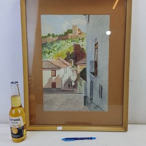 Acuarela "Paisaje Urbano Alhambra" Firmada V. Vidal con Marco Dorado y Paspartú - imagen 2