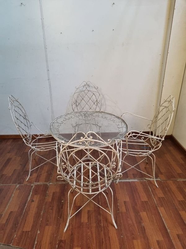 L 911 - Set De 5 Piezas - Antiguo y vistoso juego de mesa y 4 sillas para jardín o exterior, confeccionado en hierro forjado con finos detalles y mesa con tapa de vidrio (Medidas 91x91x69cm)