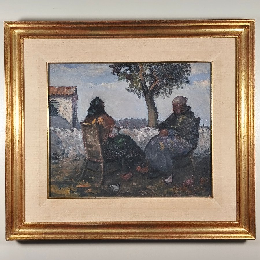 Edgardo Ribeiro: Óleo sobre Lienzo "Dos Mujeres Sentadas" Firmado y Enmarcado