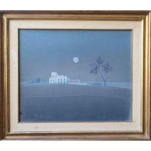 Pintura nocturna de una casa con árbol