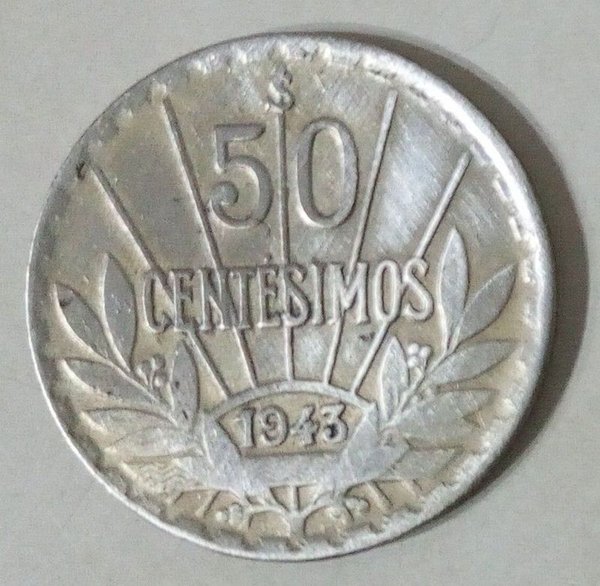 Moneda Uruguaya de 50 Centésimos Plata 1943