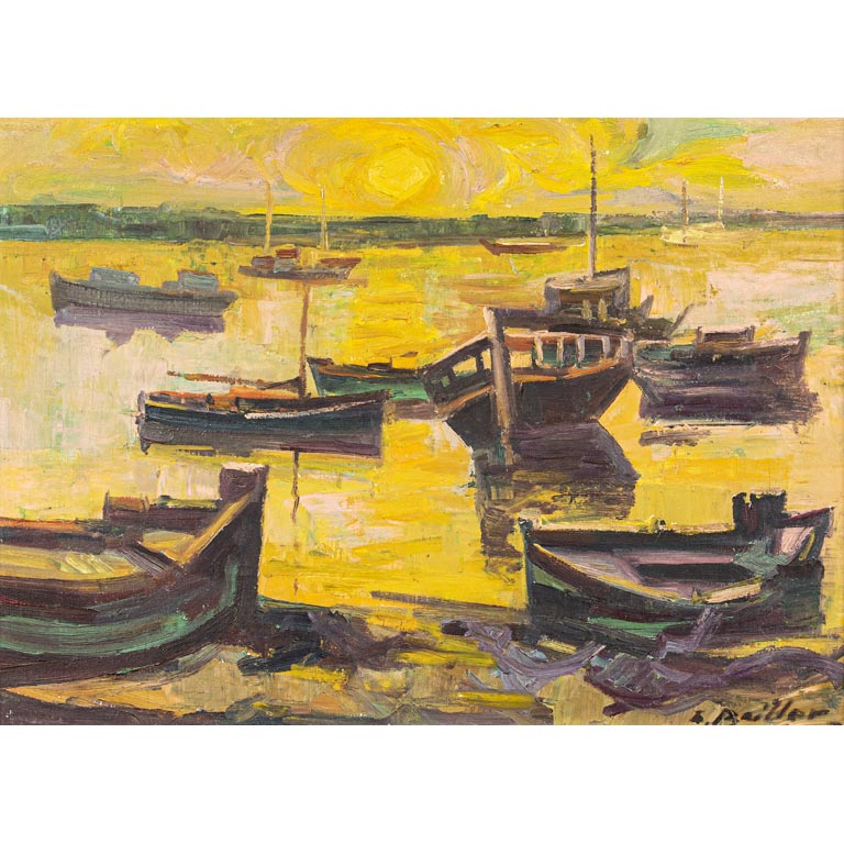 Lote siguiente: Pintura de Zoma Baitler: Escena de Puerto con Barco y Edificios