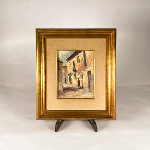 Lote anterior: Cuadro al óleo anónimo: Escena de ciudad con figura humana, 22x17 cm