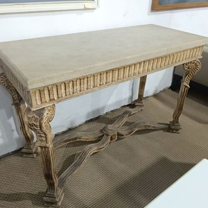 Mesa de Arrimo Recibidor Madera Maciza Tapa Marmolina Estilo Clásico - imagen 1