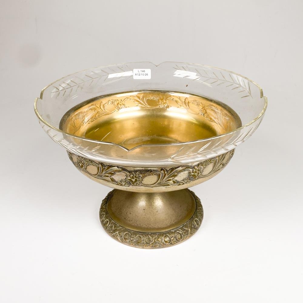 Centro de Mesa Metálico con Cuenco de Cristal Grabado