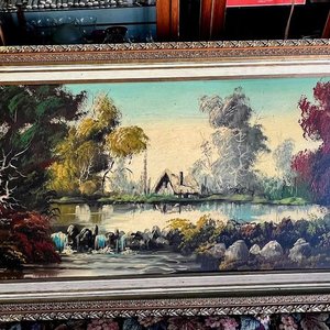 Óleo Paisaje Lacustre con Casa y Arboleda, Gran Formato, Firmado - imagen 4