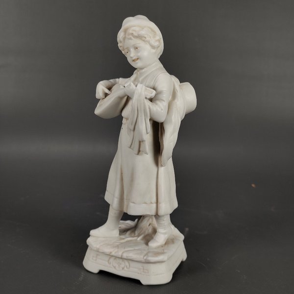 Figura de Porcelana Biscuit: Niña Tocando Instrumento Musical, Sellada - imagen 1