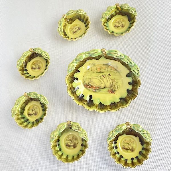 Juego de postre antiguo ornamental con cisnes pintado a mano - imagen 6