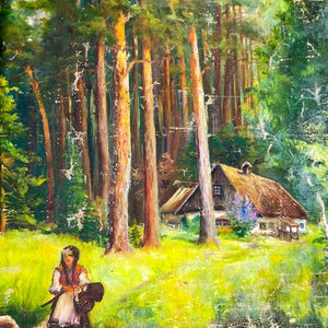 Cuadro al Óleo: Paisaje Rural con Personaje y Caserío - imagen 2