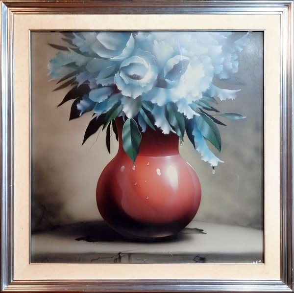 Florero con Flores Azules - Acrílico sobre Fibra Atribuido a Enrique Medina