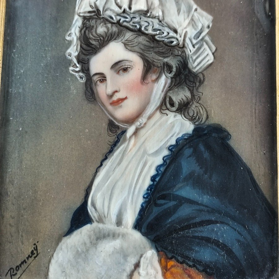 Miniatura pintada a mano por George Romney, retrato femenino con vestimenta de época - imagen 6