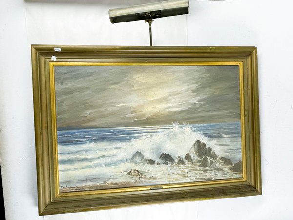 Cuadro al Óleo: Paisaje Marino con Rocas y Faro, 91x59 cm - imagen 1