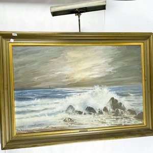 Lote siguiente: Cuadro al Óleo: Paisaje Marino con Rocas y Faro, 91x59 cm