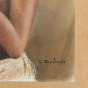 Dibujo Firmado G. Estrada: Retrato de Mujer con Turbante y Semillas - imagen 3