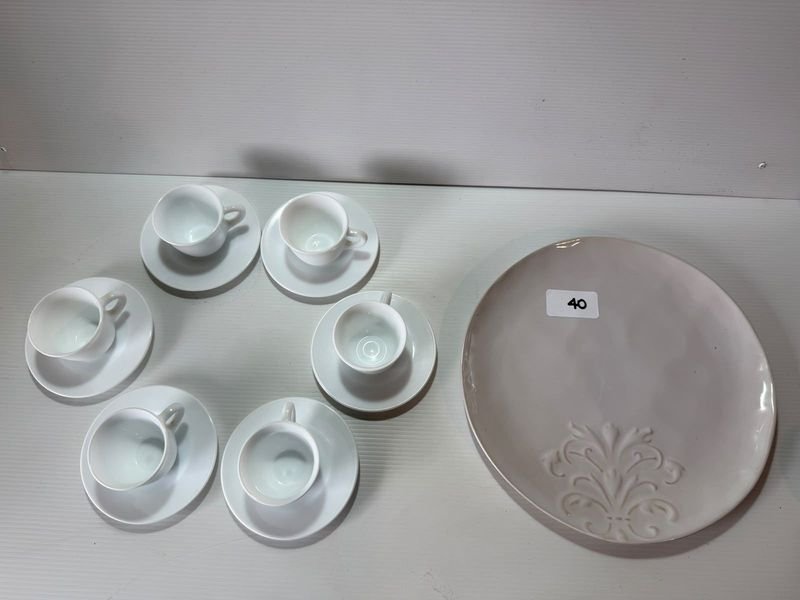Juego de Café de Loza Blanca para 6 Personas con Plato para Torta