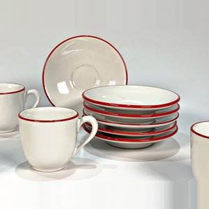 Seis Pocillos de Loza Olmos Blancos con Guarda Roja y Seis Platillos - imagen 3