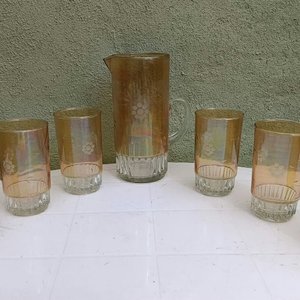 Juego de Jarra y 6 Vasos de Vidrio Tallado Antiguo - imagen 1
