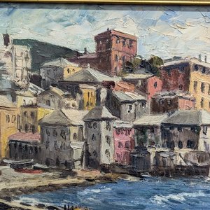 Pintura al óleo "Puerto con Casas" de Manuel Raúl Deliotti, 1989 - imagen 5