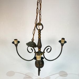 Araña Holandesa de Bronce con 3 Luces, Florón y Cadena - imagen 1