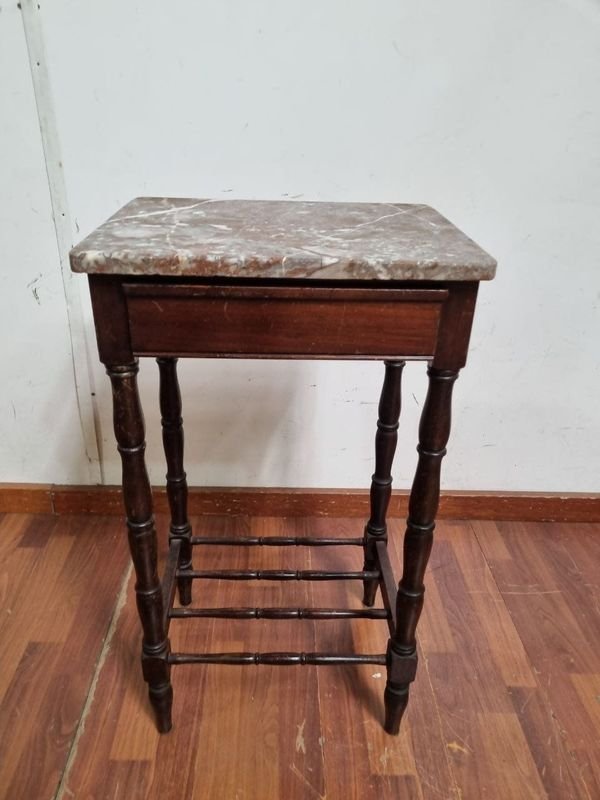 Mesa Auxiliar Antigua Estilo Clásico con Tapa de Mármol y Cajón