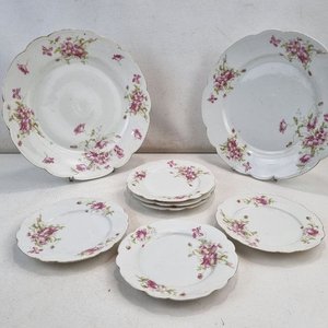 Juego de 8 Platos de Loza Antigua Austriaca MZ Austria con Flores y Bordes Dorados - imagen 2