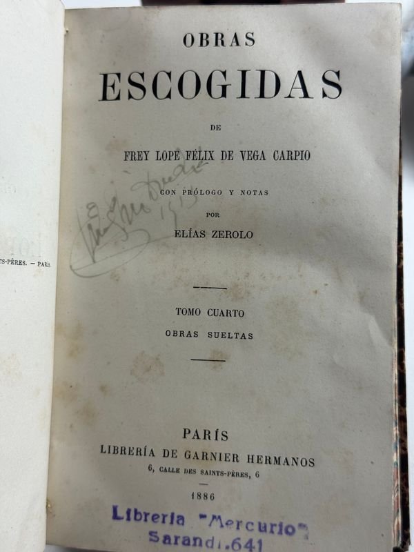4 TOMOS DE OBRAS ESCOGIDAS DE FREY LOPE FELIX DE VEGA CAPRIO - PARIS 1886 - imagen 6