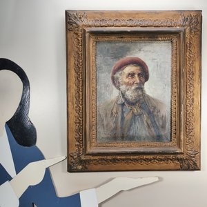 Óleo sobre lienzo firmado Raffaele Frigerio, retrato de hombre con boina y pipa - imagen 8