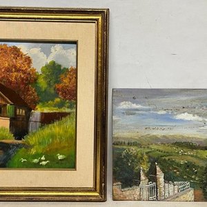 Lote siguiente: Dos Cuadros: "Paisaje" Óleo sobre Fibra Firmado Silva Nervi y "Paisaje con Patos"