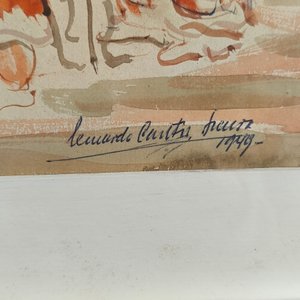 Acuarela y Lápiz "Figuras" Firmada y Fechada 1949, Marco Plateado - imagen 4
