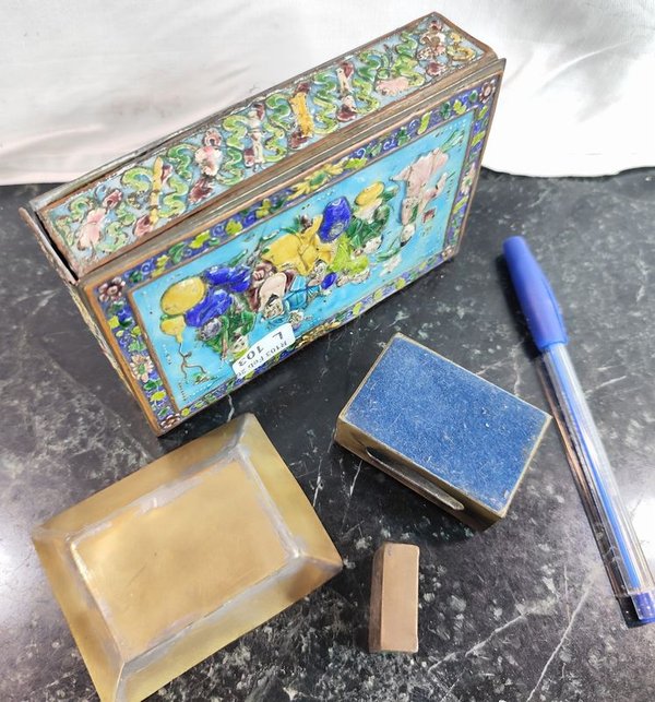 Alhajero en bronce o esmalte cloisonné con bandejita y estuche para caja de fósforos - imagen 8