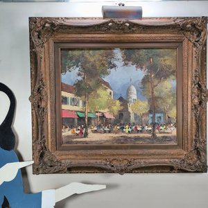 Óleo "Place du Tertre Montmartre" por J. Rigaud con Marco Labrado y Aplique de Luz - imagen 11