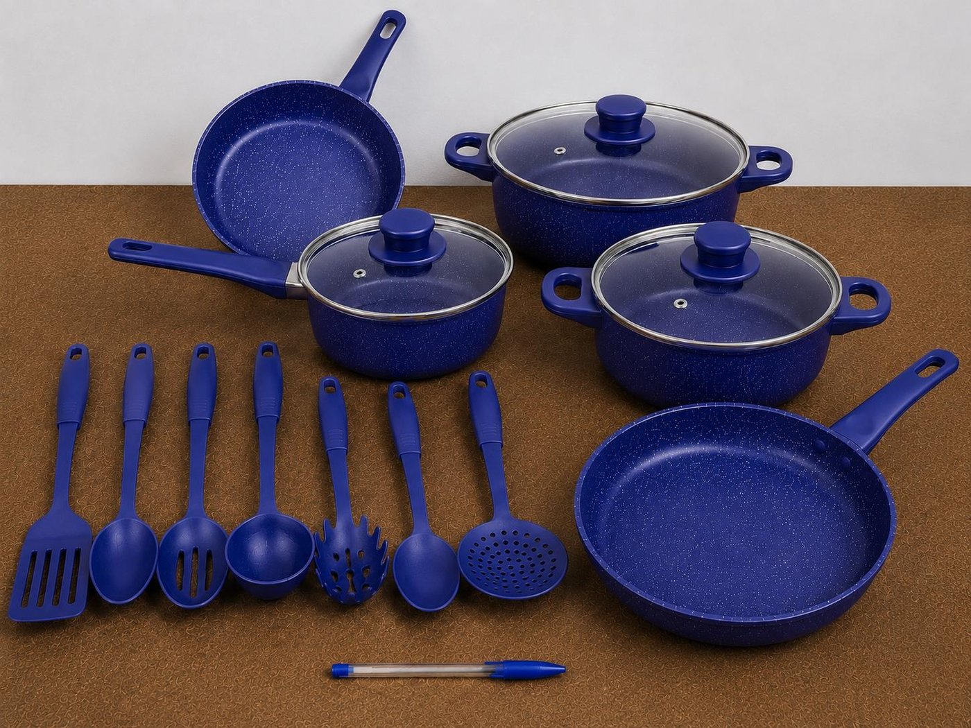 Juego de Batería de Cocina Esmaltada Azul 7 Piezas con Tapas de Vidrio