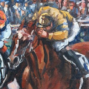 Óleo "Última Arremetida" de Gabriela Acevedo, Carreras de Caballos, 45x36cm - imagen 3