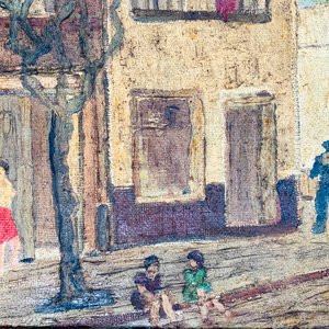 Cuadro al óleo sobre tela: Escena urbana con figuras y caseríos - imagen 2