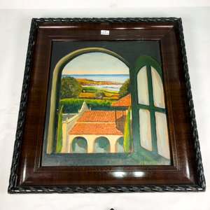 Cuadro al Óleo "Ventana al Mar" con Marco Labrado de Madera - imagen 2