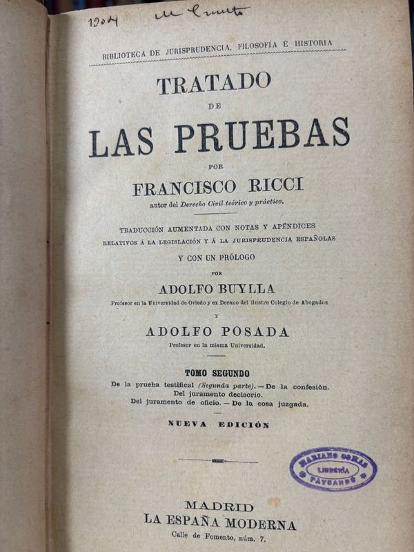 Libro de Jurisprudencia en dos Volúmenes por Francisco Ricci - imagen 3