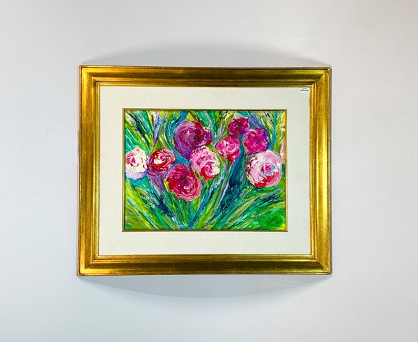 Cuadro al óleo "Flores Rosadas" firmado M. Batignani, 39x29 cm - imagen 1