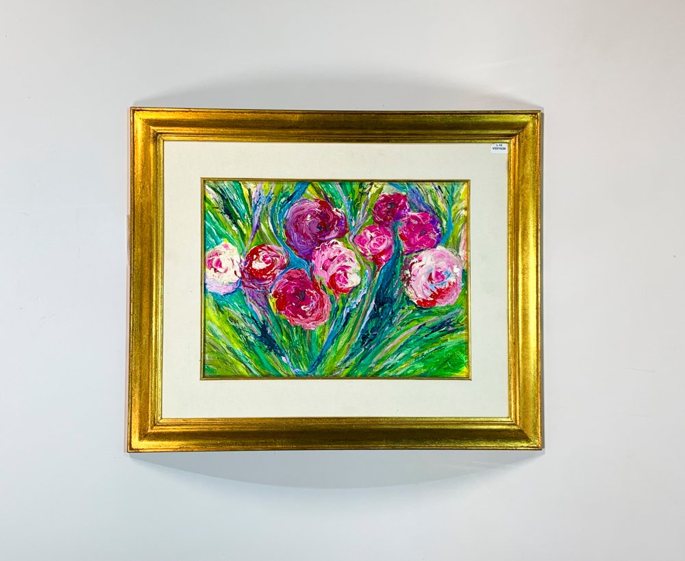 Cuadro al óleo "Flores Rosadas" firmado M. Batignani, 39x29 cm