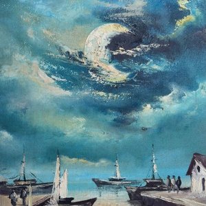 Pintura al óleo "Puerto de Noche" de Andrea Carusso Figari, 70x53cm - imagen 3