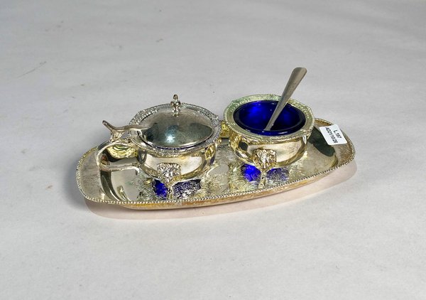 Bandeja con Azucarero y Recipiente de Vidrio Azul y Metal Plateado - imagen 1