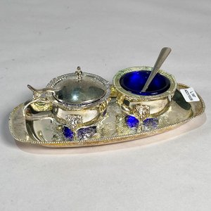 Bandeja con Azucarero y Recipiente de Vidrio Azul y Metal Plateado - imagen 1