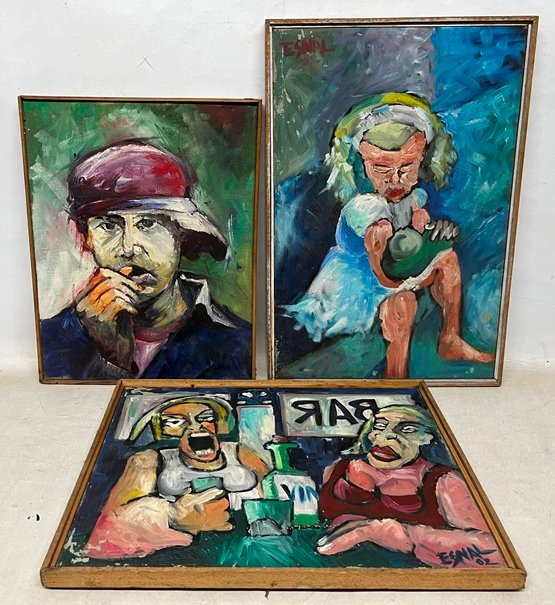 Lote siguiente: Tres pinturas de personas en tela, excelente condición