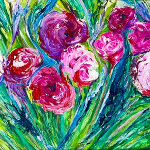 Cuadro al óleo "Flores Rosadas" firmado M. Batignani, 39x29 cm - imagen 2